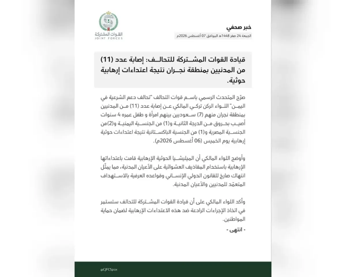 إصابة 11 مدنيًا في نجران بهجمات حوثية.. والتحالف يؤكد اتخاذ إجراءات رادعة